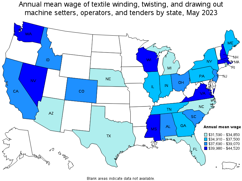 Map of annual mean wages of textile winding, twisting, and drawing out machine setters, operators, and tenders by state, May 2021
