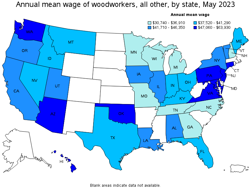 Map of annual mean wages of woodworkers, all other by state, May 2022