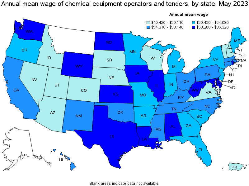 Map of annual mean wages of chemical equipment operators and tenders by state, May 2022