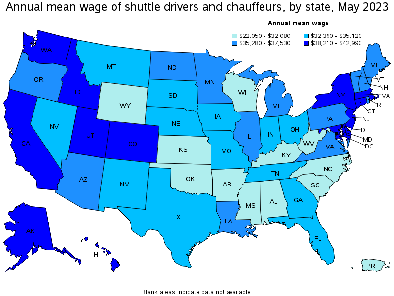 Map of annual mean wages of shuttle drivers and chauffeurs by state, May 2022
