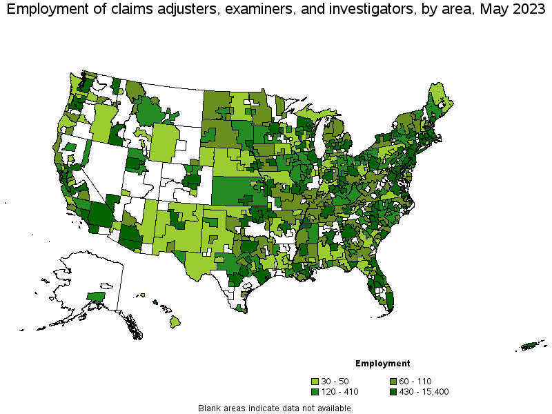 Map of employment of claims adjusters, examiners, and investigators by area, May 2021