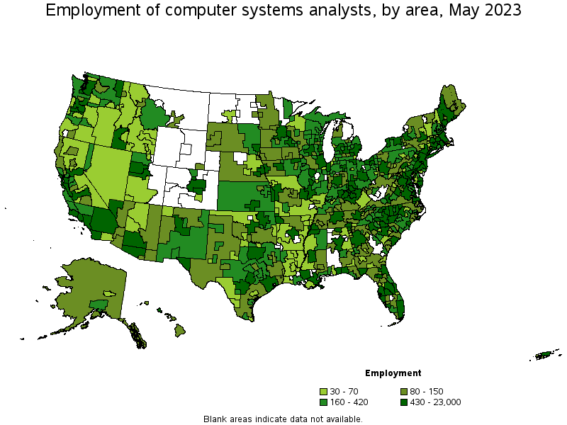 Map of employment of computer systems analysts by area, May 2022