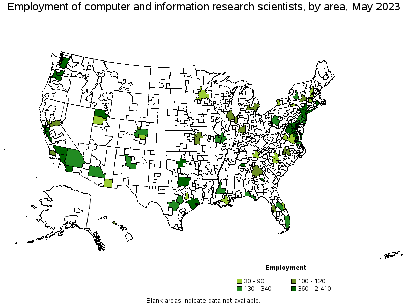 Map of employment of computer and information research scientists by area, May 2021