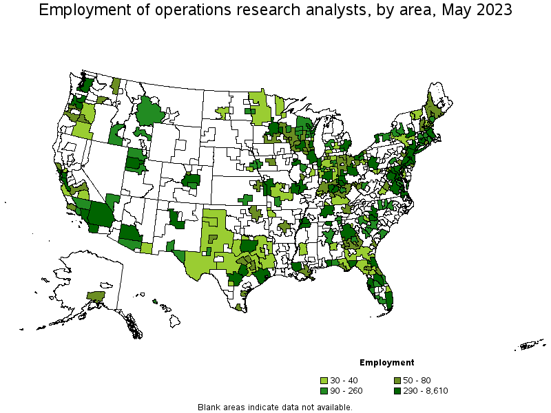 Map of employment of operations research analysts by area, May 2022