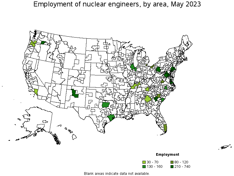 Map of employment of nuclear engineers by area, May 2021