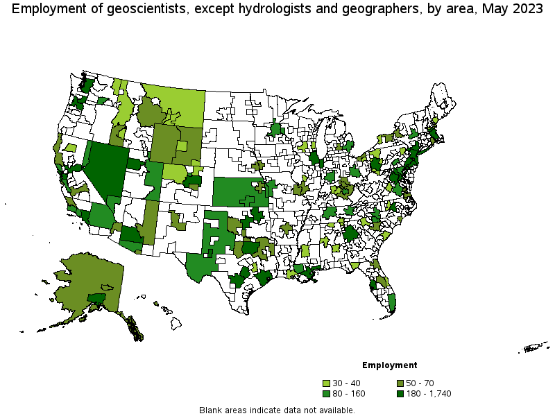 Map of employment of geoscientists, except hydrologists and geographers by area, May 2021