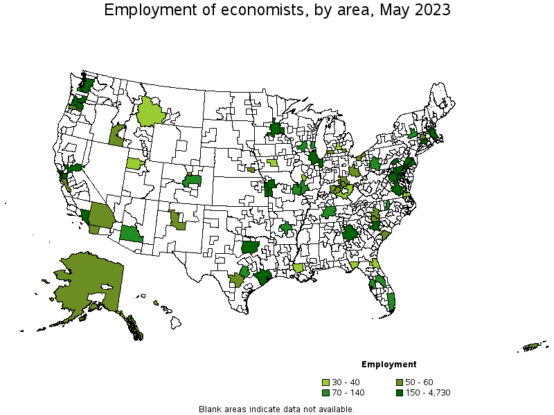 Map of employment of economists by area, May 2021