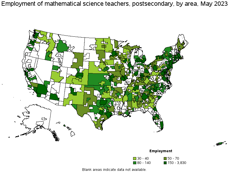 Map of employment of mathematical science teachers, postsecondary by area, May 2022