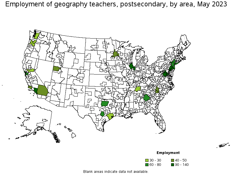 Map of employment of geography teachers, postsecondary by area, May 2022