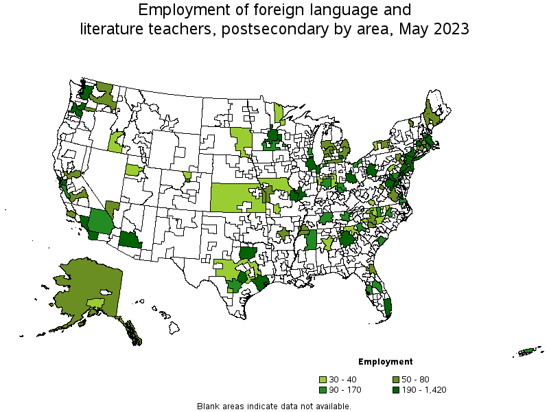 Map of employment of foreign language and literature teachers, postsecondary by area, May 2021