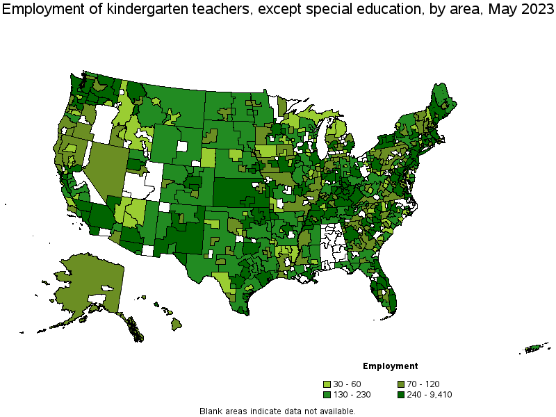 Map of employment of kindergarten teachers, except special education by area, May 2021