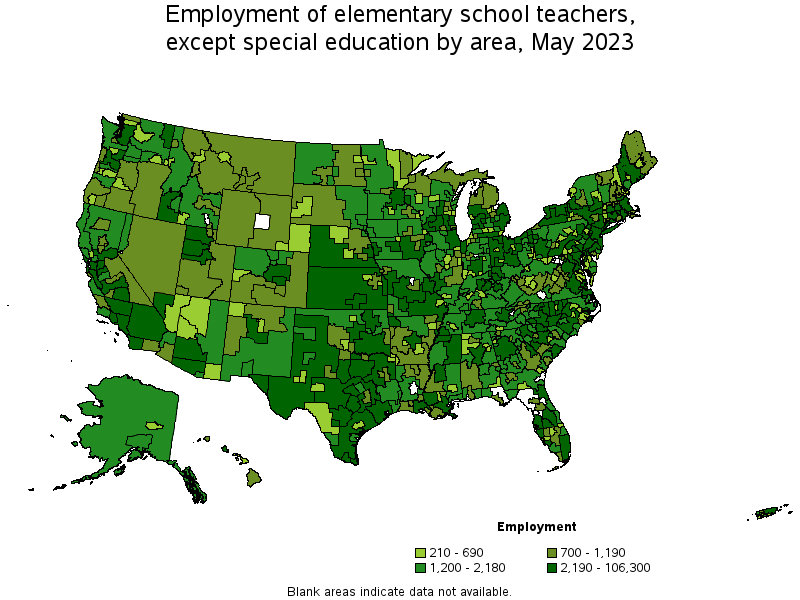 Map of employment of elementary school teachers, except special education by area, May 2021
