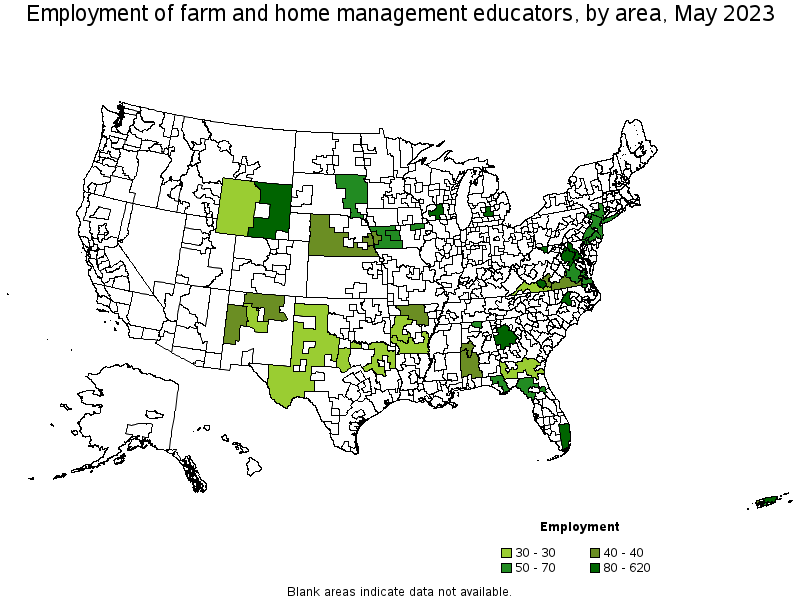 Map of employment of farm and home management educators by area, May 2022