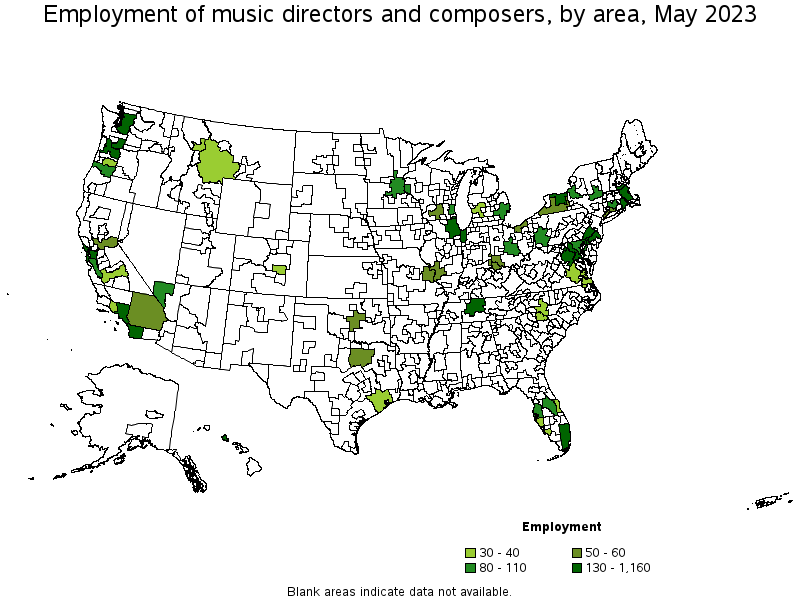 Map of employment of music directors and composers by area, May 2021