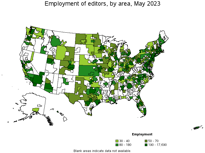Map of employment of editors by area, May 2022