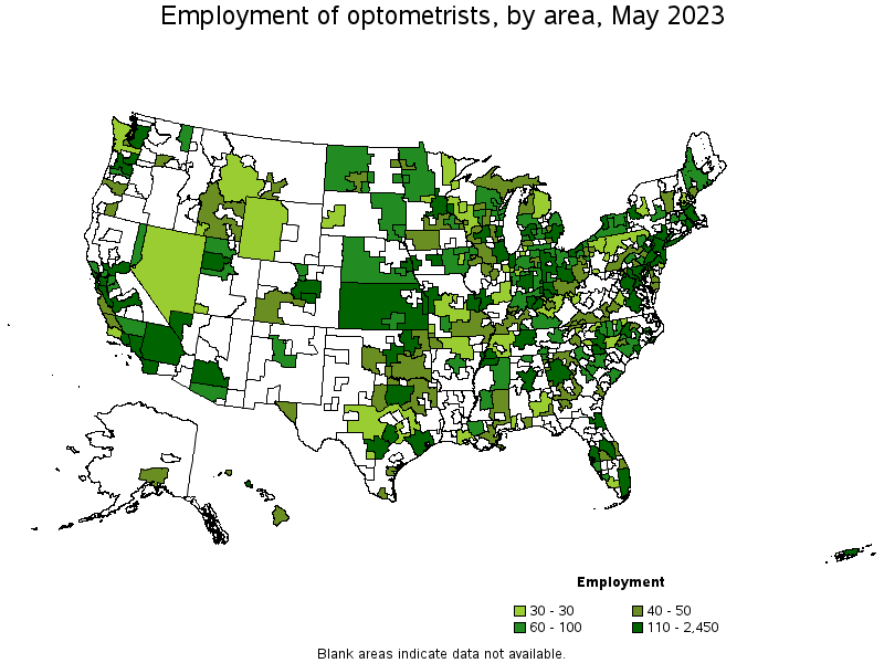 Map of employment of optometrists by area, May 2022