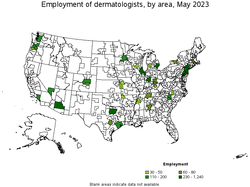 Map of employment of dermatologists by area, May 2021