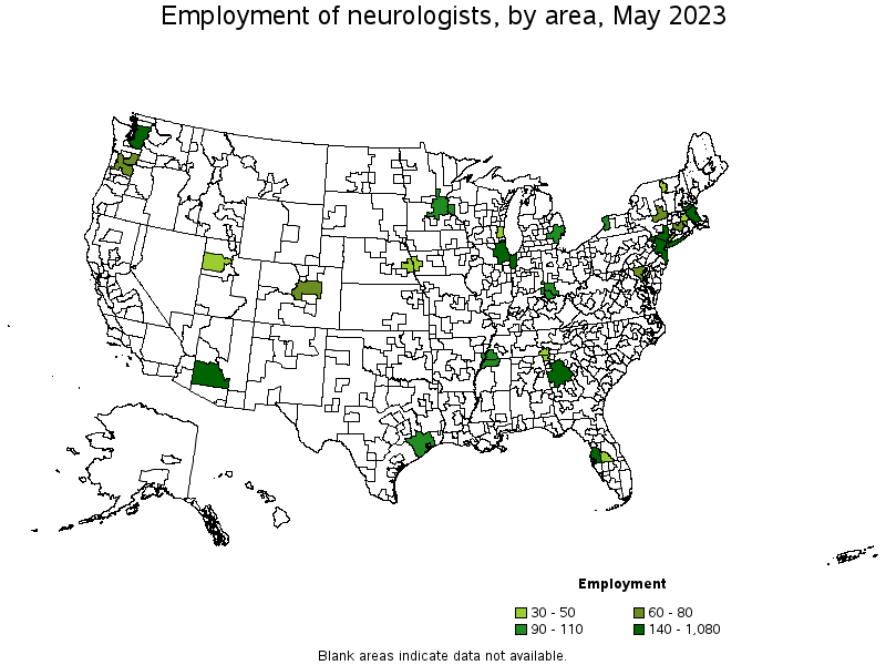 Map of employment of neurologists by area, May 2022