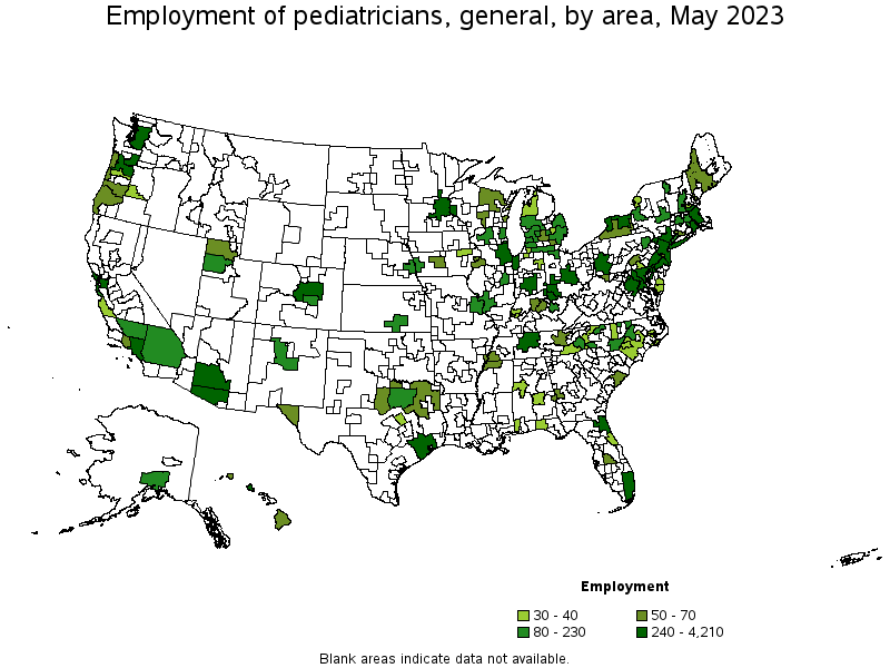 Map of employment of pediatricians, general by area, May 2021