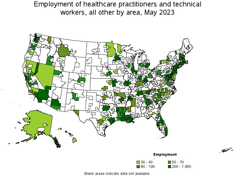 Map of employment of healthcare practitioners and technical workers, all other by area, May 2022