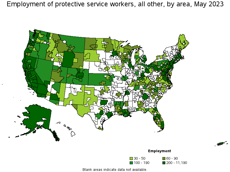 Map of employment of protective service workers, all other by area, May 2021