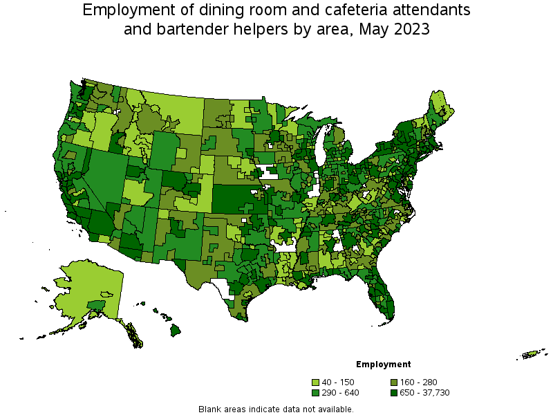 Map of employment of dining room and cafeteria attendants and bartender helpers by area, May 2022
