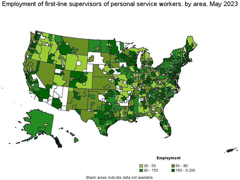 Map of employment of first-line supervisors of personal service workers by area, May 2021