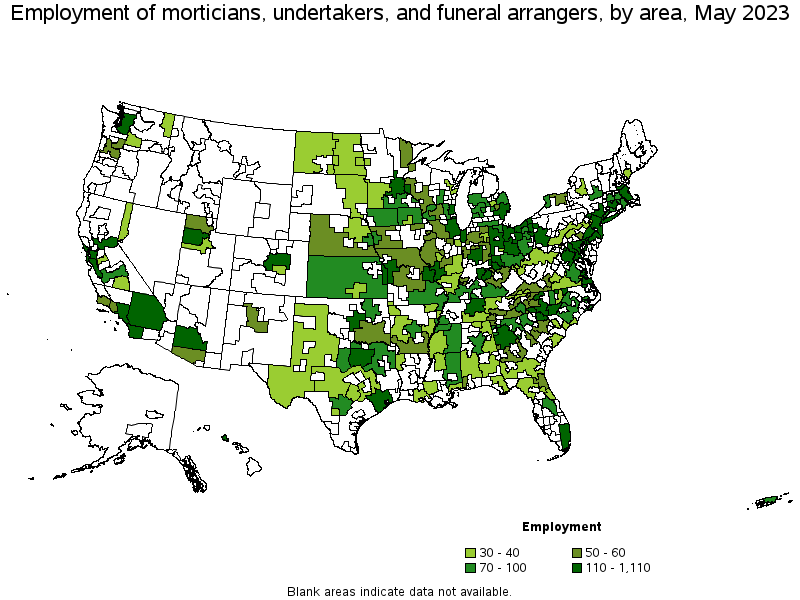Map of employment of morticians, undertakers, and funeral arrangers by area, May 2021