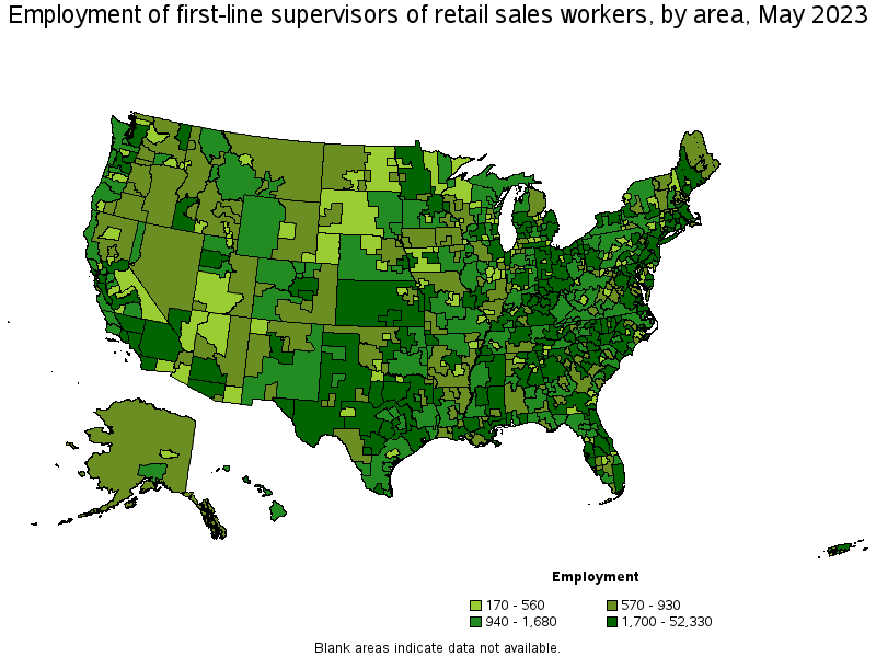 Map of employment of first-line supervisors of retail sales workers by area, May 2022
