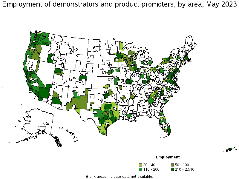 Map of employment of demonstrators and product promoters by area, May 2021