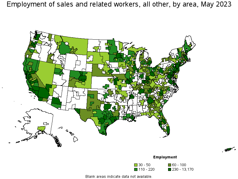 Map of employment of sales and related workers, all other by area, May 2022