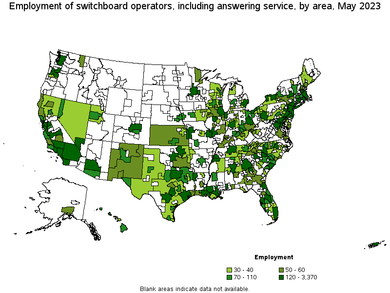 Map of employment of switchboard operators, including answering service by area, May 2021