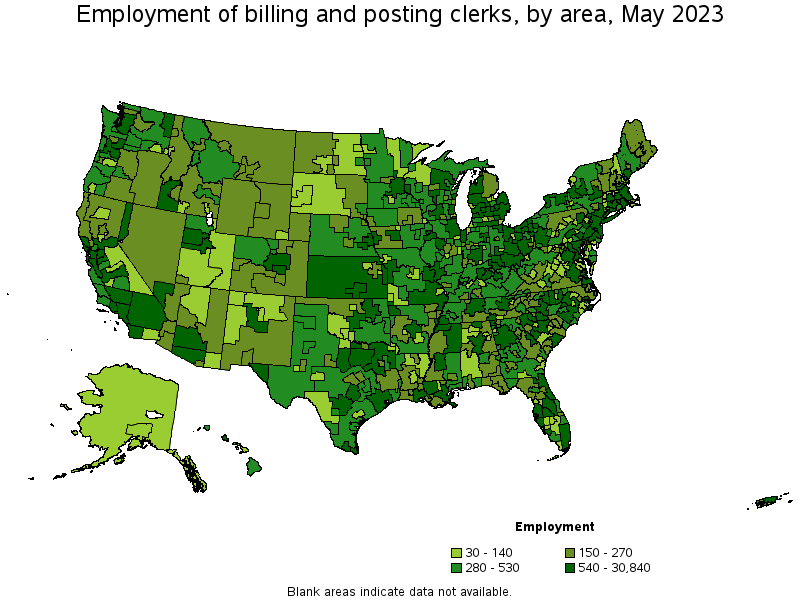 Map of employment of billing and posting clerks by area, May 2021