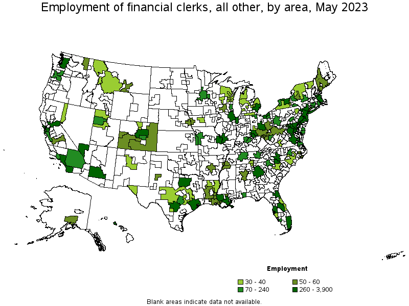 Map of employment of financial clerks, all other by area, May 2021