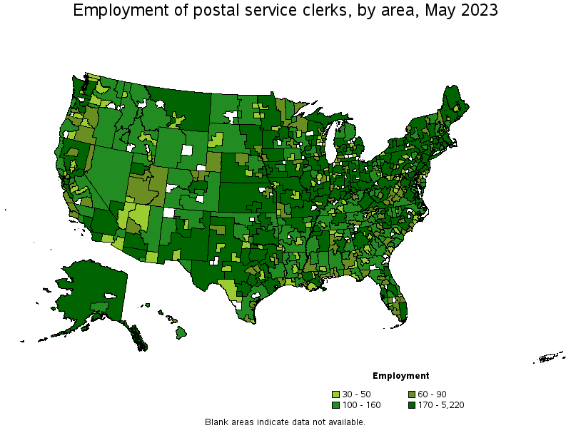 Map of employment of postal service clerks by area, May 2022