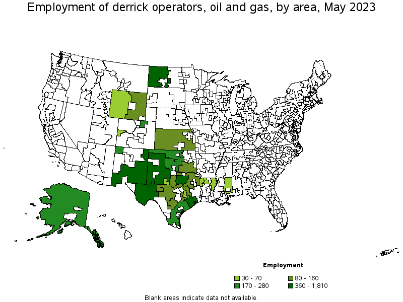 Map of employment of derrick operators, oil and gas by area, May 2022