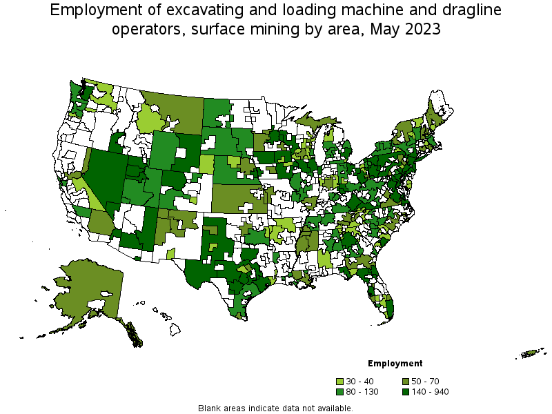 Map of employment of excavating and loading machine and dragline operators, surface mining by area, May 2022