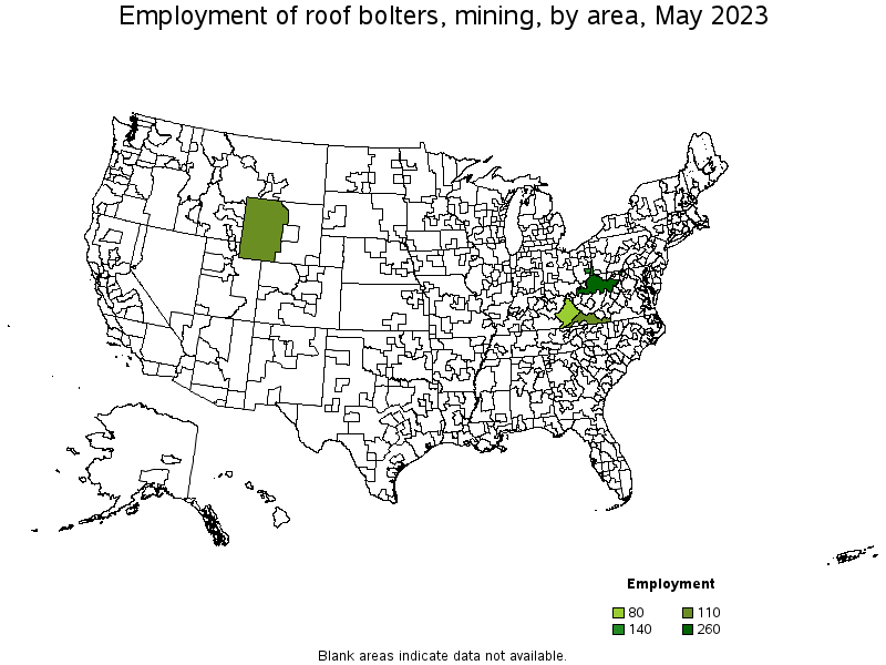 Map of employment of roof bolters, mining by area, May 2022