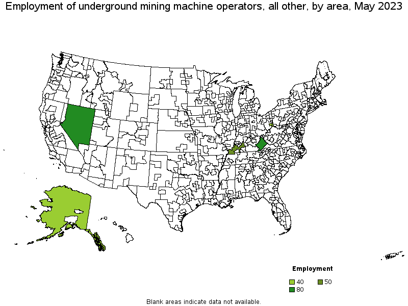 Map of employment of underground mining machine operators, all other by area, May 2022