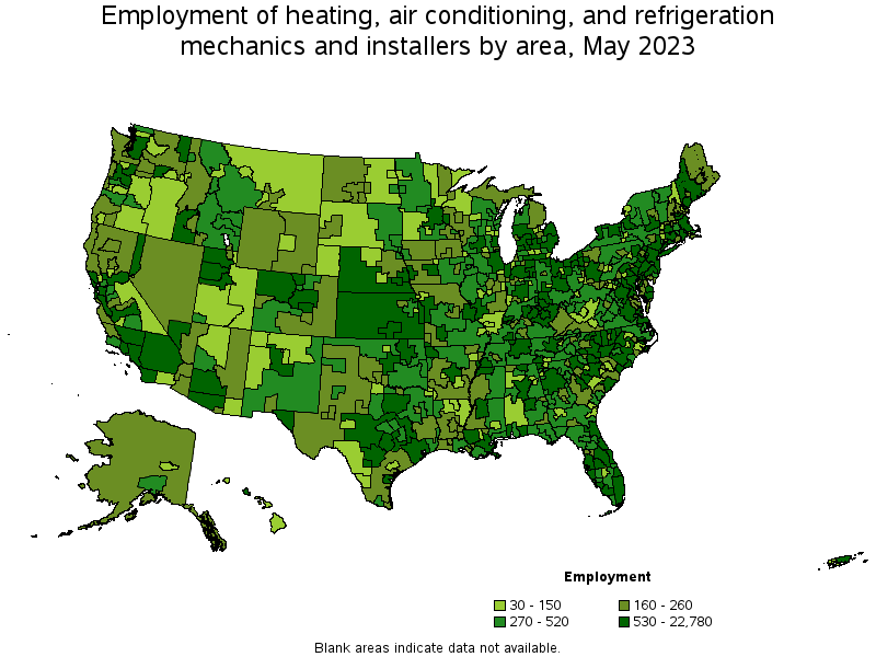 Map of employment of heating, air conditioning, and refrigeration mechanics and installers by area, May 2022