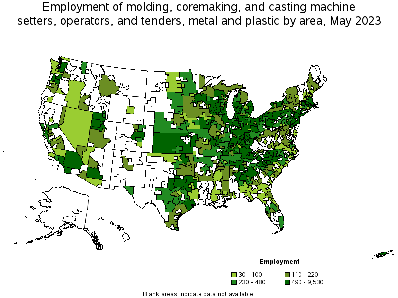 Map of employment of molding, coremaking, and casting machine setters, operators, and tenders, metal and plastic by area, May 2022