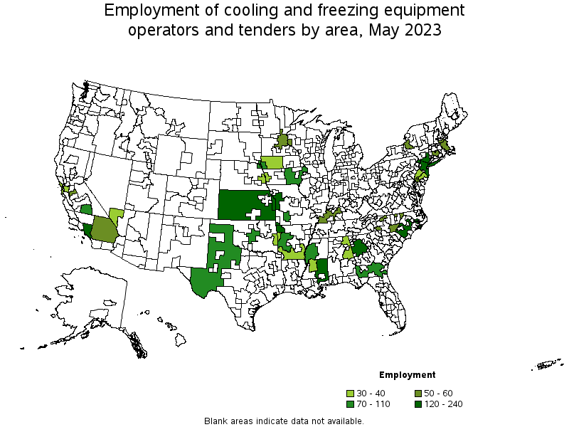 Map of employment of cooling and freezing equipment operators and tenders by area, May 2021