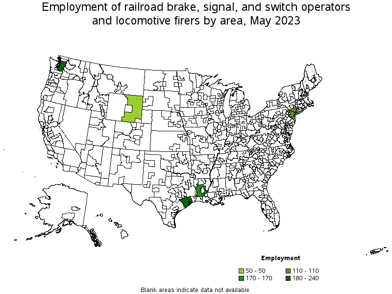 Map of employment of railroad brake, signal, and switch operators and locomotive firers by area, May 2022