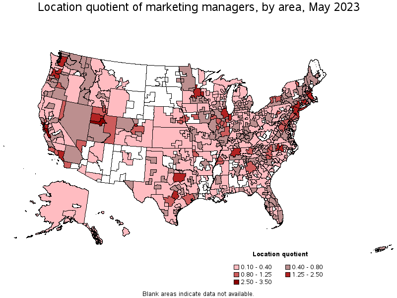 Map of location quotient of marketing managers by area, May 2022