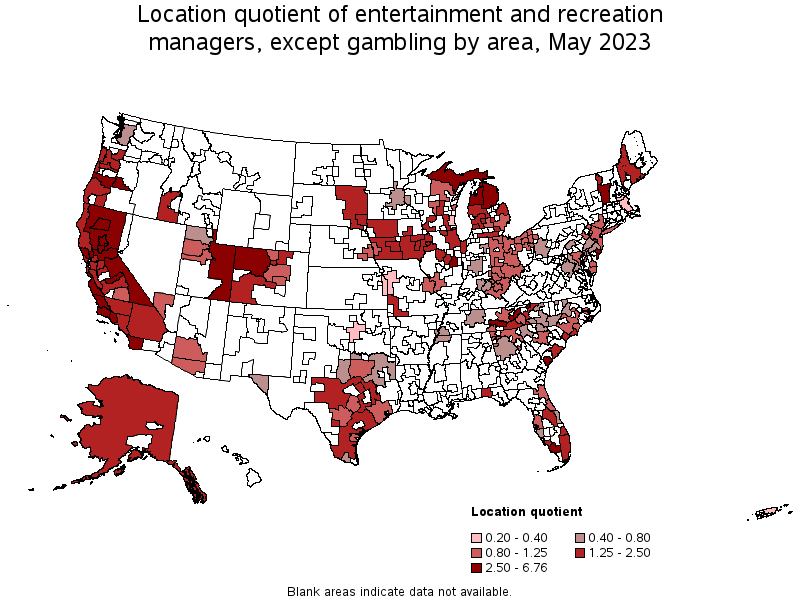 Map of location quotient of entertainment and recreation managers, except gambling by area, May 2021