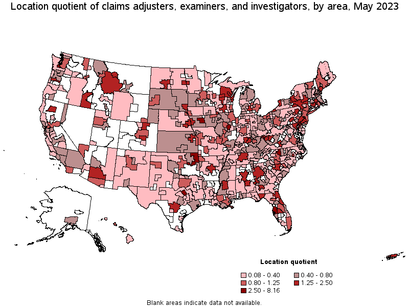Map of location quotient of claims adjusters, examiners, and investigators by area, May 2021