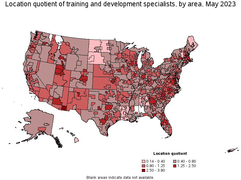 Map of location quotient of training and development specialists by area, May 2022