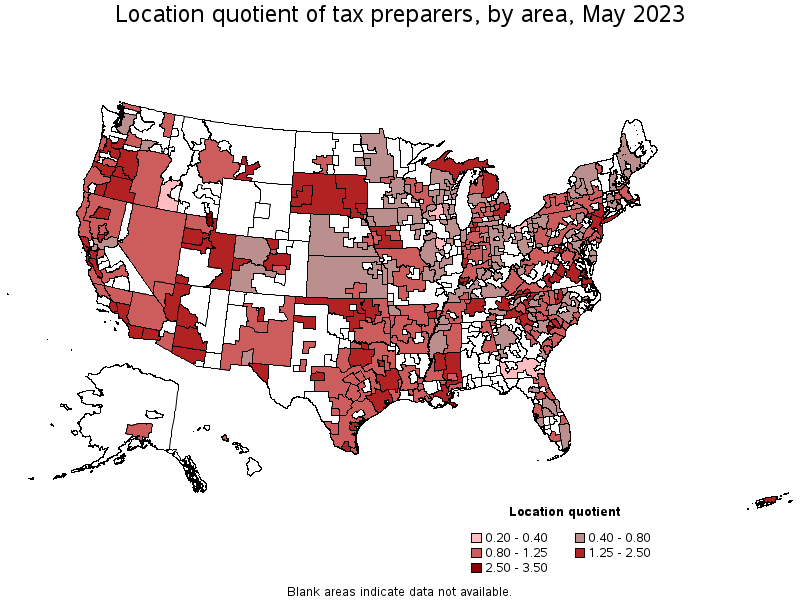 Map of location quotient of tax preparers by area, May 2022