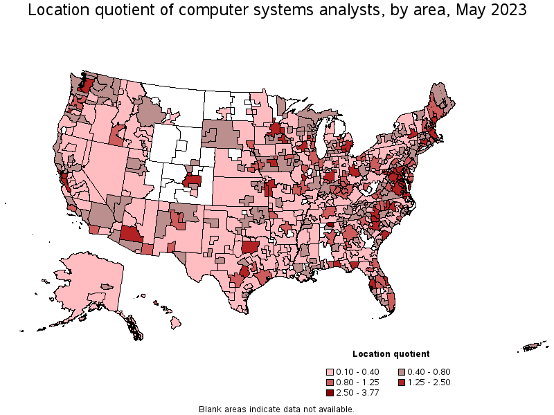 Map of location quotient of computer systems analysts by area, May 2021
