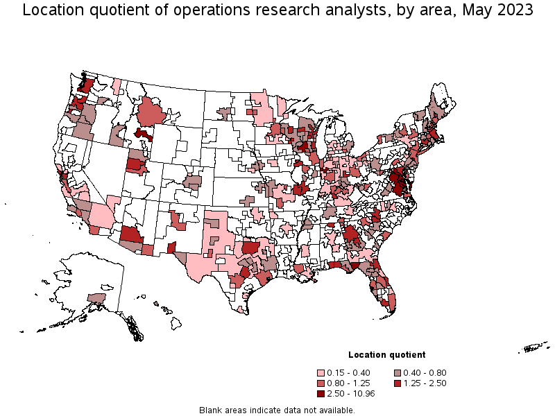 Map of location quotient of operations research analysts by area, May 2021